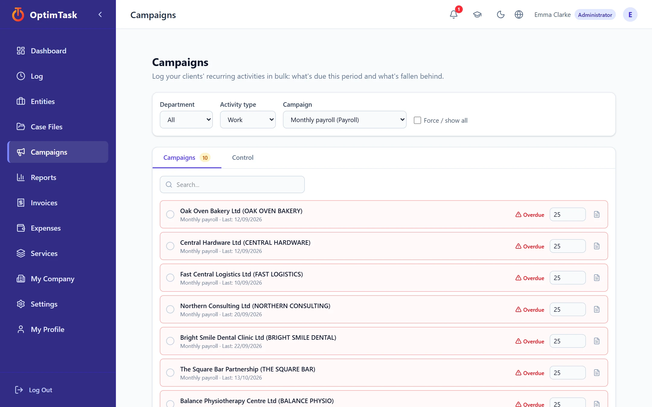 Payroll campaign with the clients pending for this period