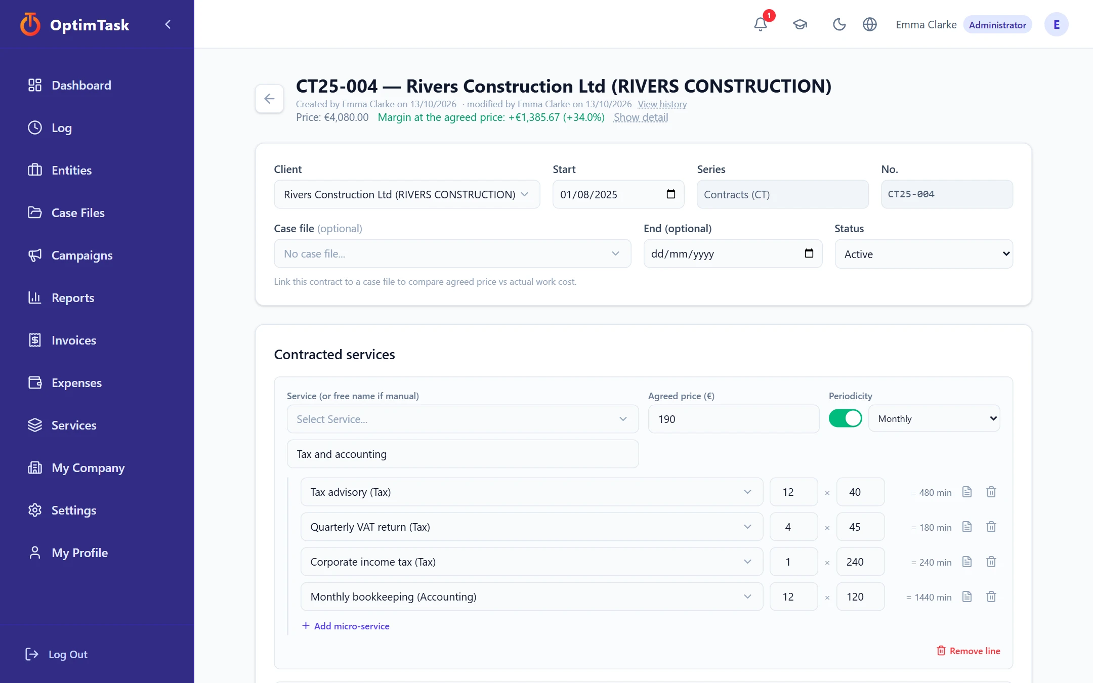 Contract sheet with its service lines